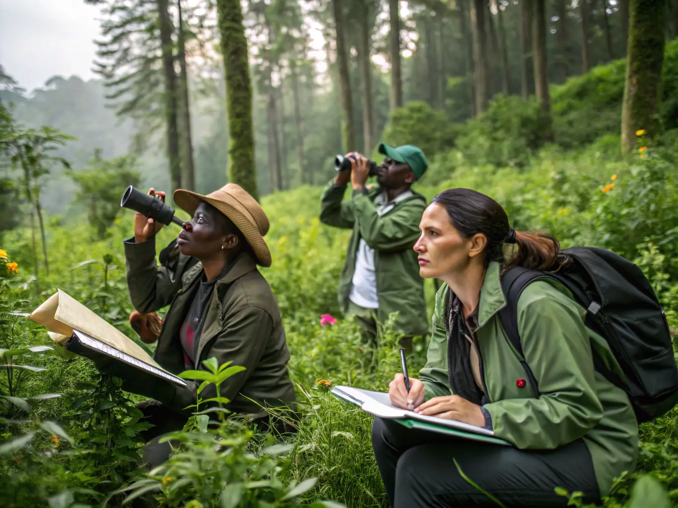 A group of ACCA members collaborating on a wildlife monitoring project, using binoculars and tracking devices to observe and record data on local animal populations. The image should emphasize the scientific aspect of ACCA's work and the importance of data-driven conservation efforts.