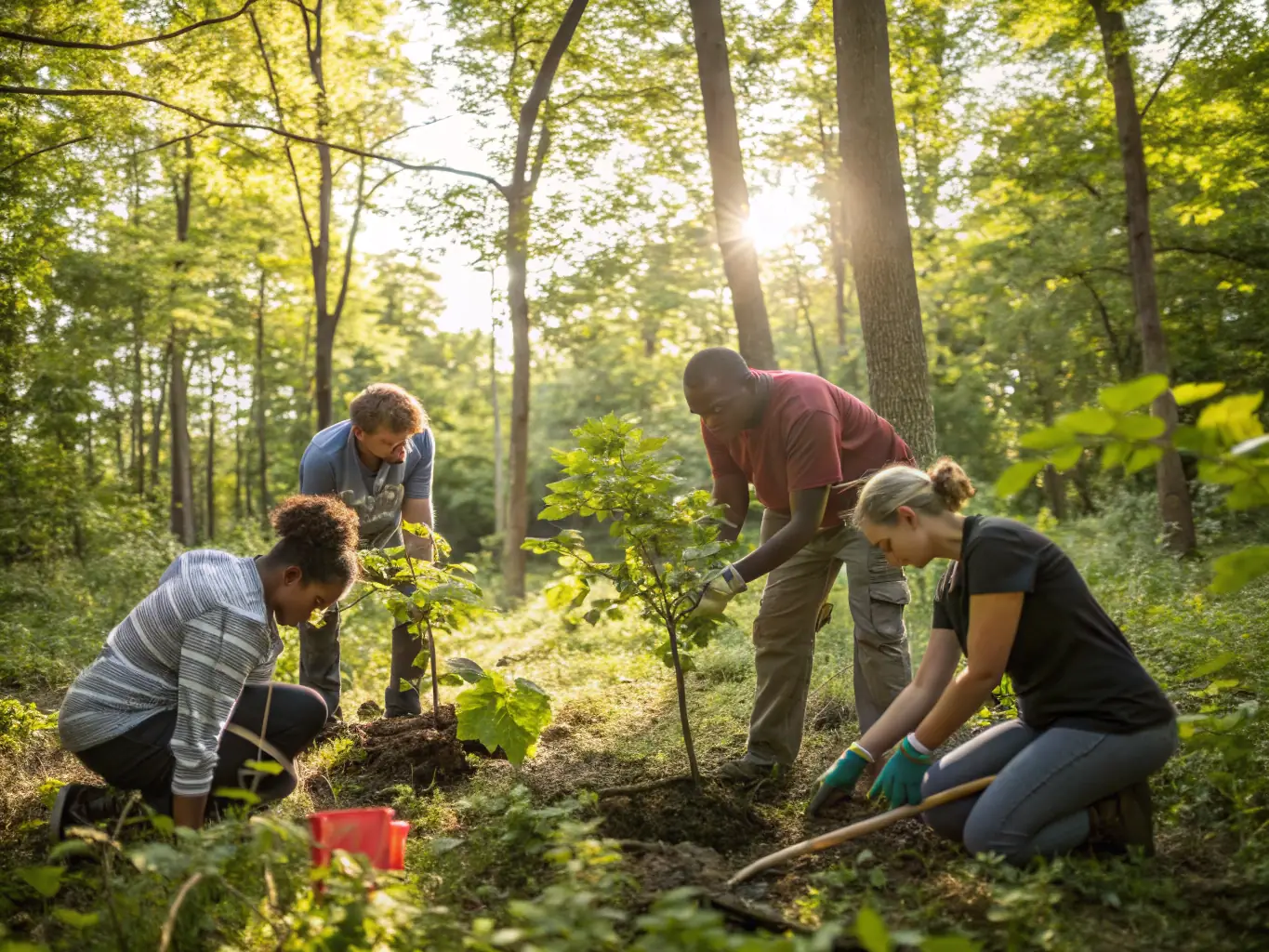 A group of ACCA members participating in a wildlife habitat restoration project, planting native trees and shrubs in a designated area. The image should convey a sense of teamwork, environmental stewardship, and positive community engagement.