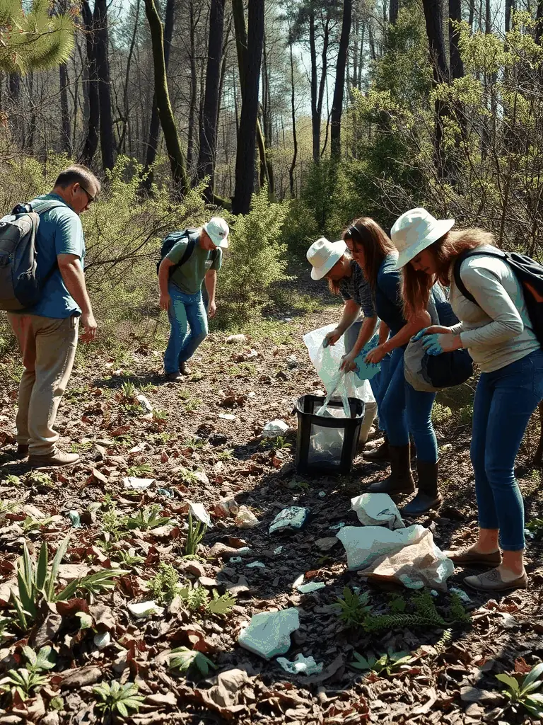 A photograph showing ACCA members cleaning up a forest area, collecting litter and debris to maintain a clean and healthy environment for wildlife.