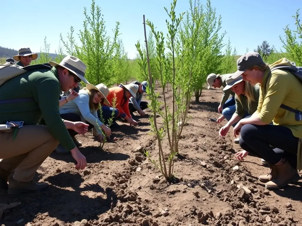 An image showcasing ACCA volunteers planting native trees and shrubs to restore a degraded habitat, highlighting the organization's commitment to ecological restoration.
