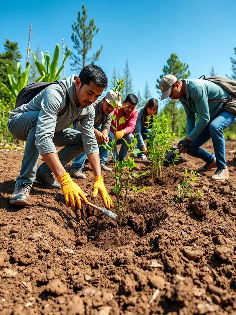 A photograph showing ACCA members planting trees as part of a reforestation project in a previously cleared area, with saplings and tools visible.